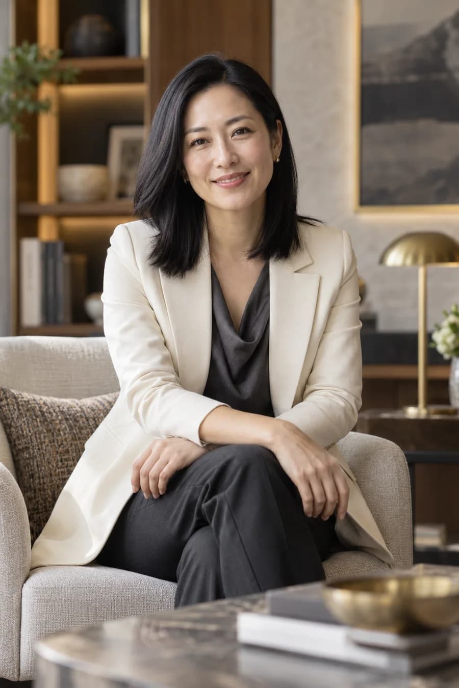 An Asian business founder in a cream blazer in a warm office