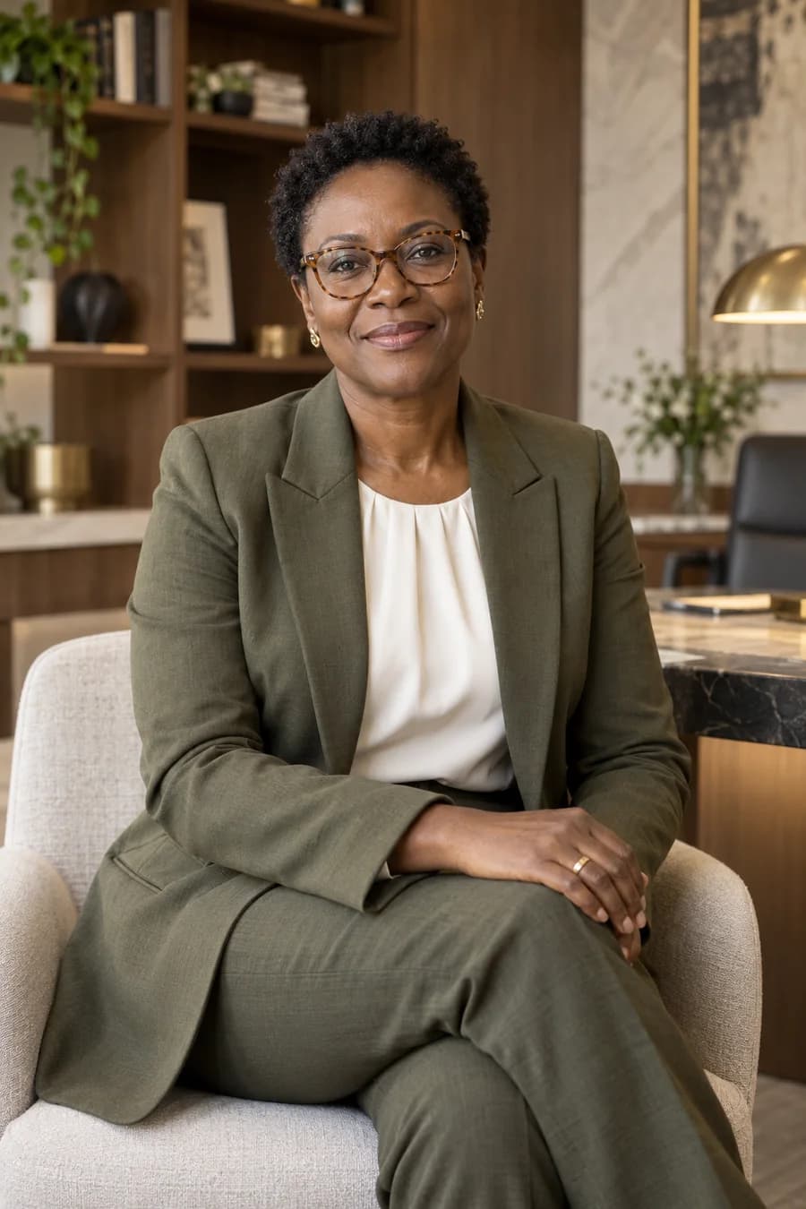 A Black business leader with natural hair and glasses in a warm office